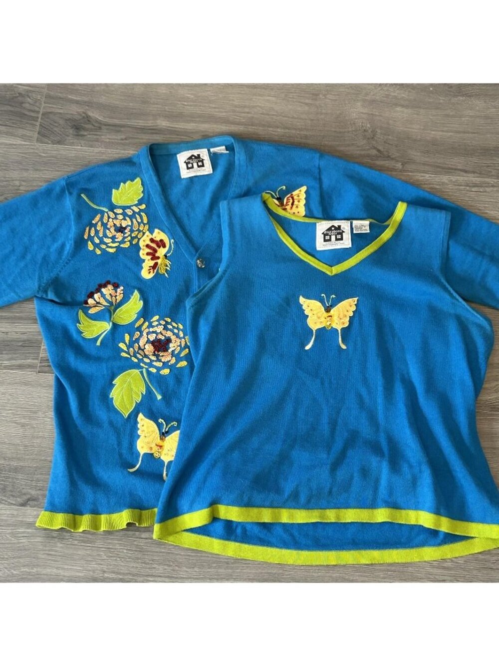 Storybook Knits Sweater Tank Set Womens L Blue Butterfly Beaded Floral Cottage